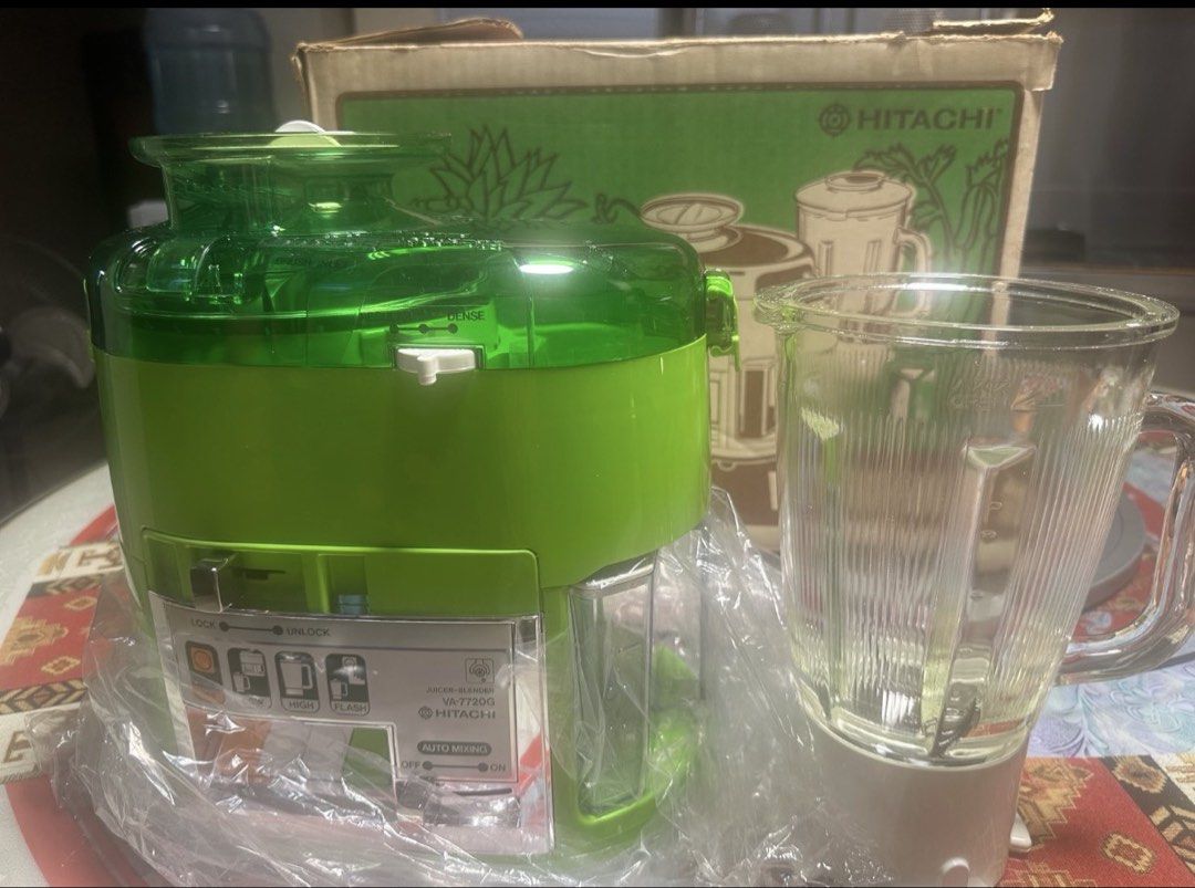 Hitachi Juicer Blender VA-7720G (Category: Juicers, Blenders & Grinders) located in Manila. Submitted by kristielyntan (Listing ID 1470170609, Image 1). Description: - Brand: Hitachi - Model: VA-7720G - Color: Green - Condition: Brand new, still wrapped in factory plastic with original box - Inclusions: Main motorized base unit, clear plastic components, and glass blender jar - Function: Dual appliance for juicing and blending smoothies.