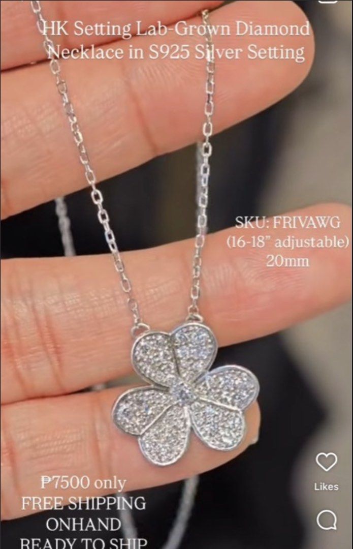 HK Setting Lab-Grown Diamond Necklace S925 Silver (Category: Necklaces) located in Subic. Submitted by wen1597 (Listing ID 1470235576, Image 2). Description: - Material: Premium S925 Silver with HK Setting Lab-Grown Diamond - Design: Elegant 20mm Clover Pendant - Chain Length: 16 to 18 inches (Fully Adjustable) - Brandnew , dipa nagamit .