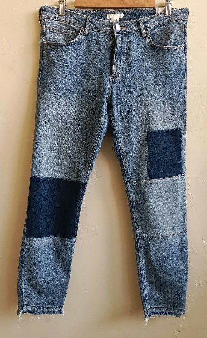H&M Conscious Patchwork Denim Jeans Size US 12 (Category: Jeans) located in Cebu City. Submitted by violacloset (Listing ID 1470207384, Image 1). Description: Measurements: waist: 17 hips: 19 length: 37.