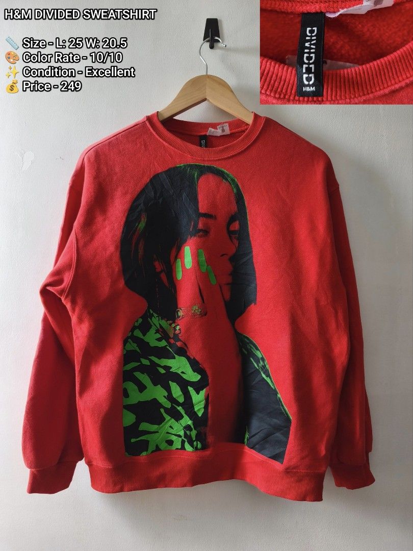 H&M Divided Billie Eilish Red Sweatshirt (Category: Coats, Jackets and Outerwear) located in Manila. Submitted by gelog2 (Listing ID 1470154781, Image 1). Description: - Brand: H&M Divided - Artist: Billie Eilish official merch style - Color: Red with neon green and black accents - Design: Front graphic print with green lettering across the back - Condition: Vibrant colors, no fading - Measurements: 25 inches (length) x 20.5 inches (width).