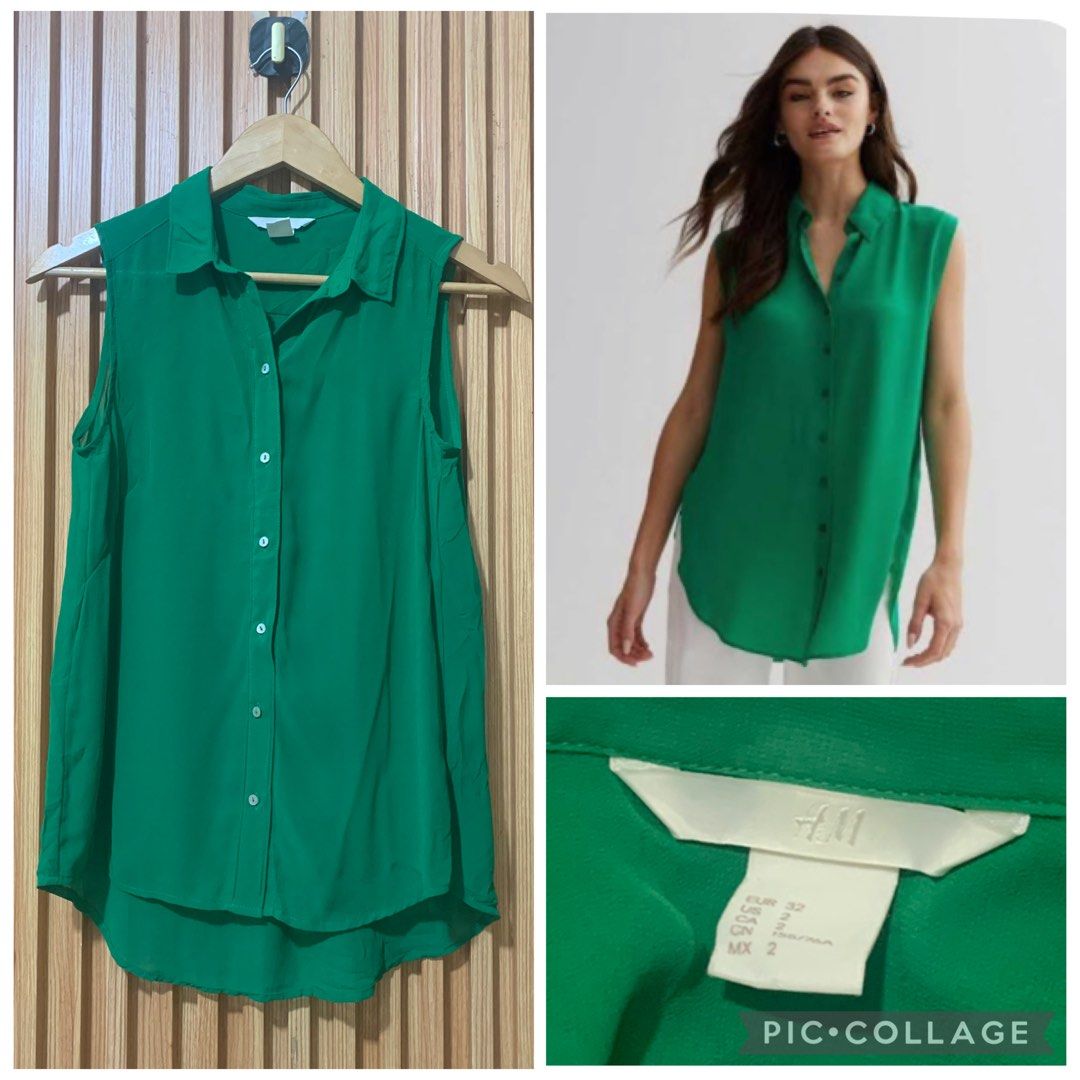 H&M Green Sleeveless Button-Up Blouse (Category: Sleeveless) located in Koronadal. Submitted by girlish1105 (Listing ID 1470345967, Image 1). Description: - Brand: H&M - Size: US 2 / EUR 32 - Color: Green with matching buttons - Style: Sleeveless button-up blouse, classic collar, high-low curved hem - Material: Lightweight fabric with a relaxed drape - Condition: Great versatile piece, easy to style with jeans, trousers, or skirts.