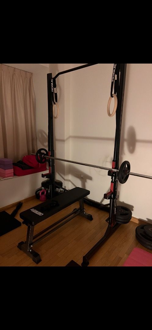 Home Gym Squat Rack with Bench and Barbell, Sports Equipment, Exercise ...