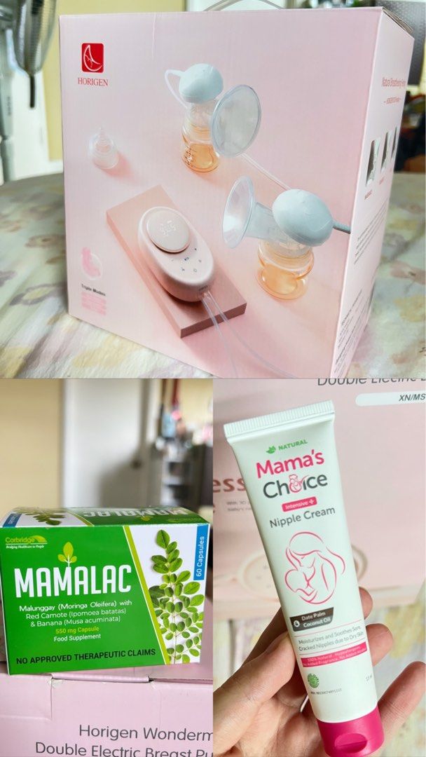 Horigen Wondermore Breast Pump with Freebies (Category: Breastfeeding & Bottle Feeding) located in Quezon City. Submitted by kallymorales (Listing ID 1470225366, Image 1). Description: Only used twice Complete kit No issue Freebies 33 Mamalac capsules Mama’s Choice Nipple cream 8 pcs Lactaglow coffee Breastmilk storage bag Add 1k for 2 pieces Dr. Isla EB29 Wearable Breast Pump with 4 pieces milk collector (800 each original price) Loc: Eastwood, 