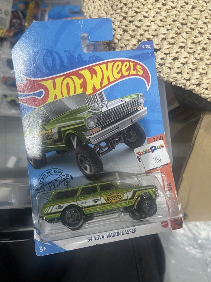 Hot Wheels '64 Nova Wagon Gasser Green (Category: Vehicle & Diecast Models) located in Marikina City. Submitted by starlettonabudget (Listing ID 1470261368, Image 1). Description: - Model: Hot Wheels '64 Nova Wagon Gasser (Mainline Series 174/250) - Design: Vibrant green paint, custom race graphics, and detailed big blower engine - Condition: Brand new, unpunched card with clear, fully sealed blister bubble - Bonus: Includes vintage Toys 'R' Us p