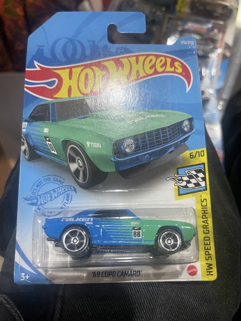 Hot Wheels 69 Copo Camaro HW Speed Graphics (Category: Vehicle & Diecast Models) located in Marikina City. Submitted by starlettonabudget (Listing ID 1470253670, Image 1). Description: - Brand: Hot Wheels - Model: '69 Copo Camaro - Series: HW Speed Graphics (6/10, 170/250) - Design: Blue and green with Falken tires branding and number 88 - Condition: Brand new, unopened original packaging - Ideal for diecast collectors and muscle car fans.