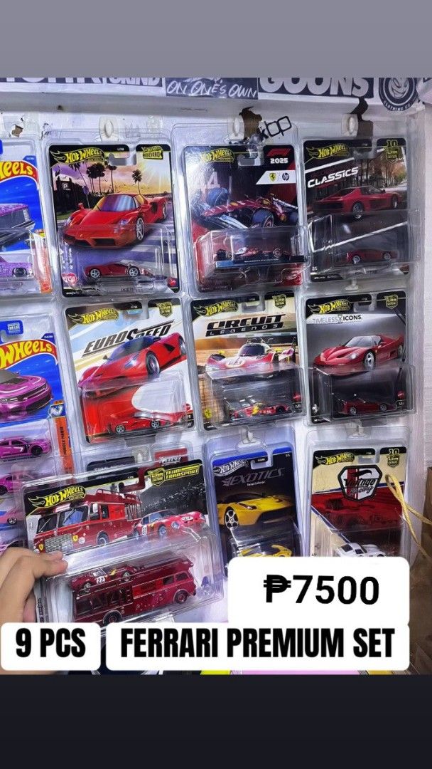 Hot Wheels Ferrari Premium Set 9 PCS (Category: Vehicle & Diecast Models) located in Quezon City. Submitted by huntwithnyx (Listing ID 1470195493, Image 1). Description: - Complete bundle of 9 rare Hot Wheels Ferrari premium diecast models - Includes popular series: Boulevard, Euro Speed, Circuit Legends, Timeless Icons, and Car Culture Team Transport - Features iconic red, yellow, and white colorways - All pieces are brand new and intact in orig