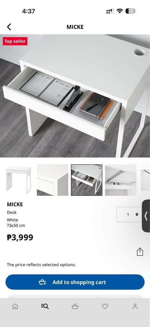 IKEA MICKE Desk White 73x50 cm (Category: Office Furniture & Fixtures) located in Paranaque City. Submitted by ivy_adea15 (Listing ID 1470219632, Image 1). Description: - Color: Clean white - Dimensions: 73 x 50 cm (space-saving minimalist frame) - Built-in drawer for organizing stationery and notebooks - Convenient cable management outlet on the right side - Easy to assemble, ideal for small bedrooms or study areas.