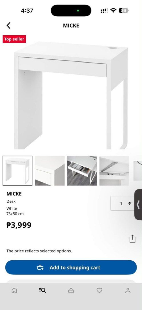 IKEA MICKE Desk White 73x50 cm (Category: Office Furniture & Fixtures) located in Paranaque City. Submitted by ivy_adea15 (Listing ID 1470219632, Image 2). Description: - Color: Clean white - Dimensions: 73 x 50 cm (space-saving minimalist frame) - Built-in drawer for organizing stationery and notebooks - Convenient cable management outlet on the right side - Easy to assemble, ideal for small bedrooms or study areas.