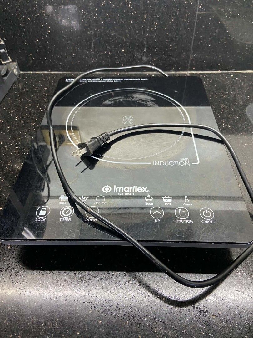 Imarflex Slim Induction Cooker IDX-1850S (Category: Cookers) located in Quezon City. Submitted by rapstoreph (Listing ID 1470158277, Image 2). Description: - Brand/Model: Imarflex Slim Induction Cooker IDX-1850S - Power: 1500W, 230V with standard plug - Controls: Easy-to-use front touch panel - Cooking Modes: BBQ, stir-fry, hot pot, soup, boil, and warm - Condition: Powers up and works great, bottom cooling fan is intact, glass top has some stain