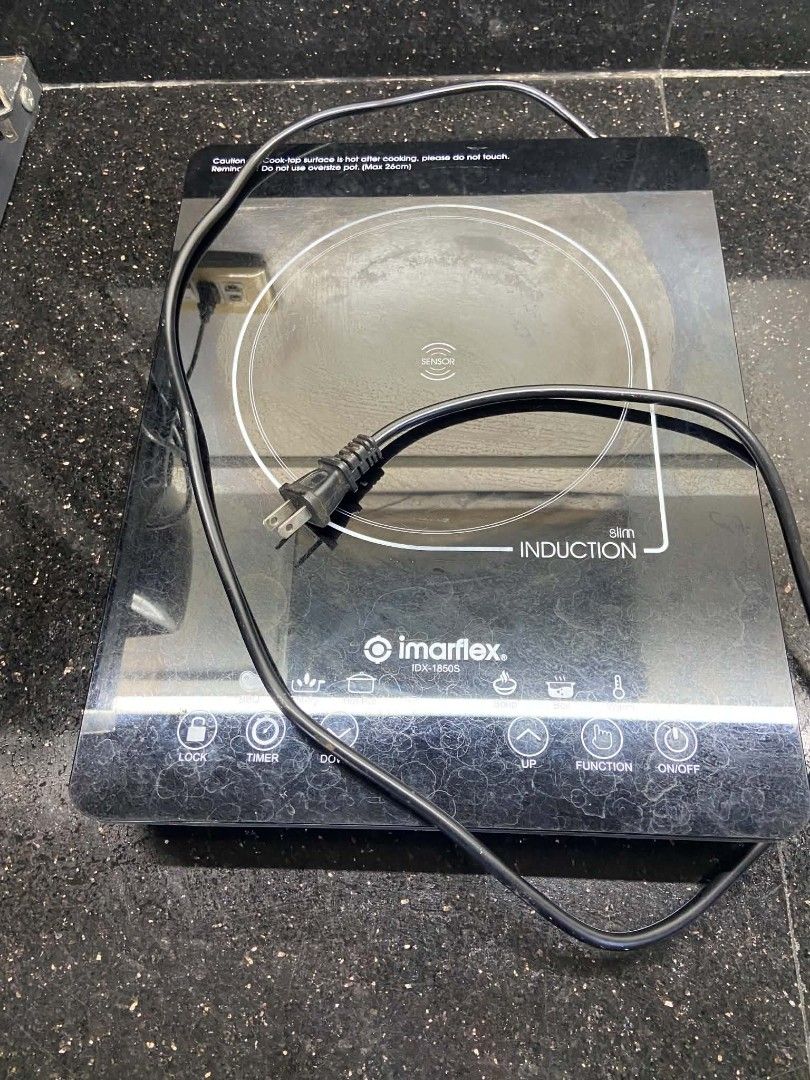 Imarflex Slim Induction Cooker IDX-1850S (Category: Cookers) located in Quezon City. Submitted by rapstoreph (Listing ID 1470158277, Image 1). Description: - Brand/Model: Imarflex Slim Induction Cooker IDX-1850S - Power: 1500W, 230V with standard plug - Controls: Easy-to-use front touch panel - Cooking Modes: BBQ, stir-fry, hot pot, soup, boil, and warm - Condition: Powers up and works great, bottom cooling fan is intact, glass top has some stain