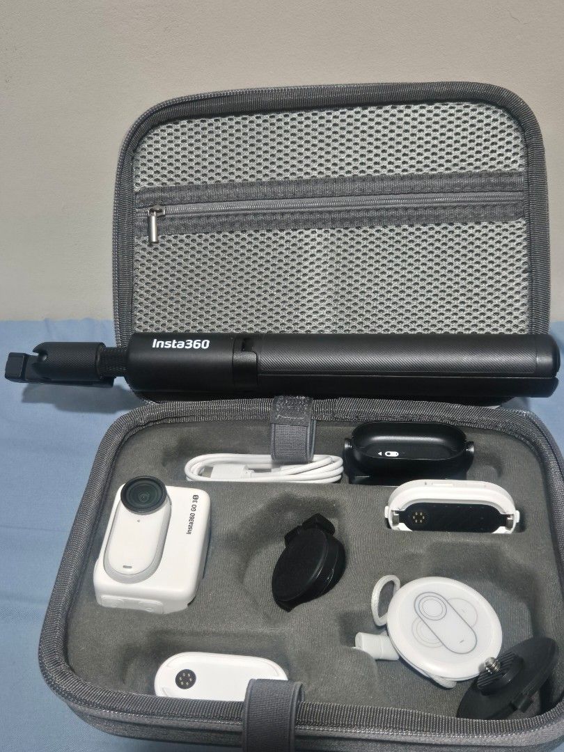 Insta360 GO 3S Action Camera Bundle with Case (Category: Video Cameras) located in Cainta. Submitted by jamdgu (Listing ID 1470195377, Image 1). Description: Insta360 GO 3S tiny 4K action camera with screen protector - Includes Action Pod, mini tripod/ selfie stick, lens guard, magnetic pendant, pivot stand, easy clip, charging cable, battery pack, quick reader and memory card - Comes with storage case Condition: like new, with complete boxes RFS
