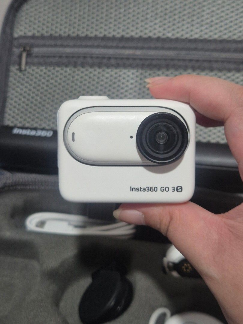 Insta360 GO 3S Action Camera Bundle with Case (Category: Video Cameras) located in Cainta. Submitted by jamdgu (Listing ID 1470195377, Image 2). Description: Insta360 GO 3S tiny 4K action camera with screen protector - Includes Action Pod, mini tripod/ selfie stick, lens guard, magnetic pendant, pivot stand, easy clip, charging cable, battery pack, quick reader and memory card - Comes with storage case Condition: like new, with complete boxes RFS