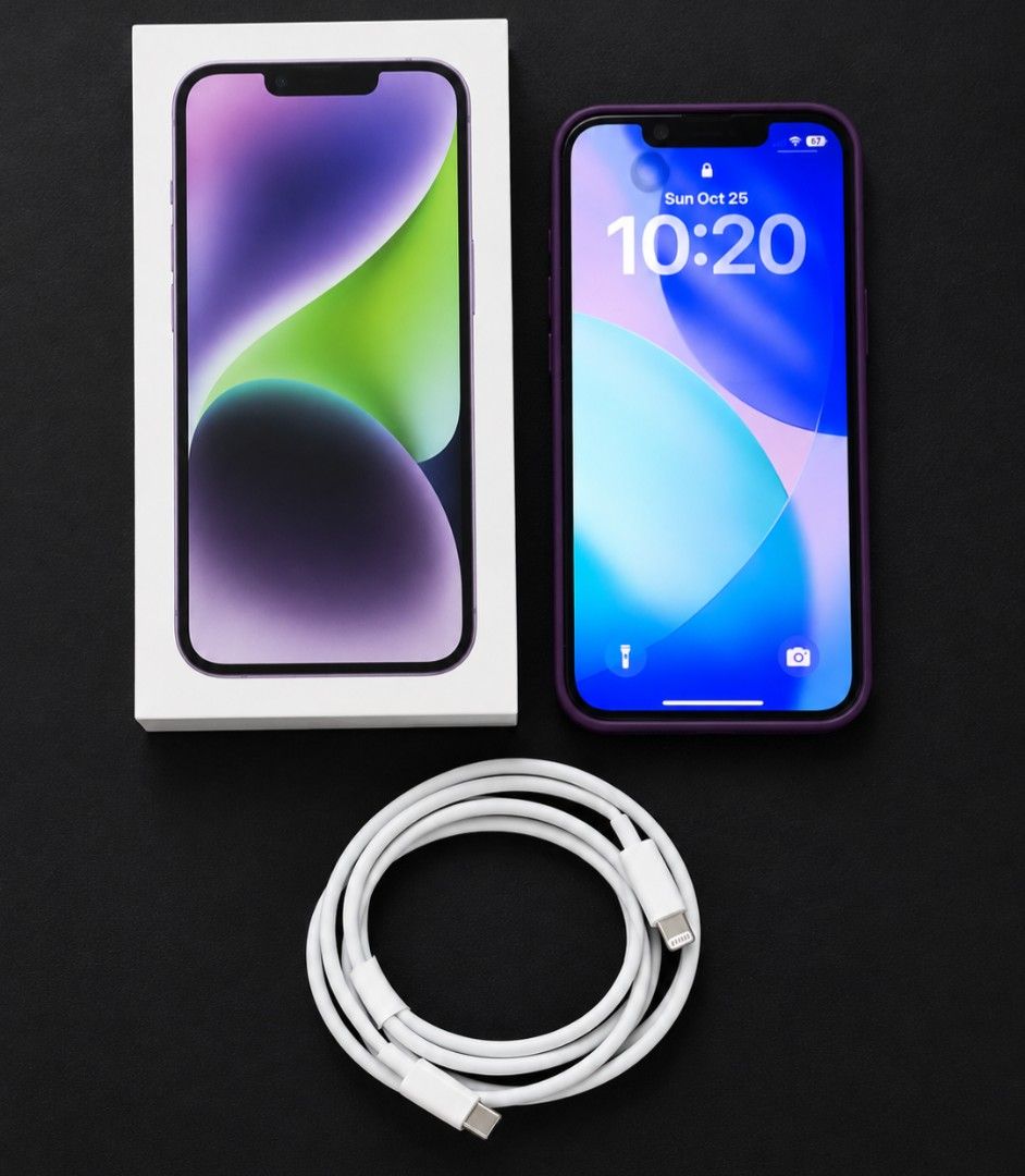 IPHONE 14 128GB PURPLE OPENLINE (Category: iPhone 14 Series) located in Pasig City. Submitted by giyomi35 (Listing ID 1470306255, Image 2). Description: For sale IPHONE 14 128GB PURPLE OPENLINE 87% Battery Health Condition: Can pass as a brand new Seldom use for picture lang Lady owned 98% good condition (see photos attached) Test up to sawa Never been damage or repair Package Orig Box w/manual and pin Orig Cable Free case Rfs: Renew plan & spare