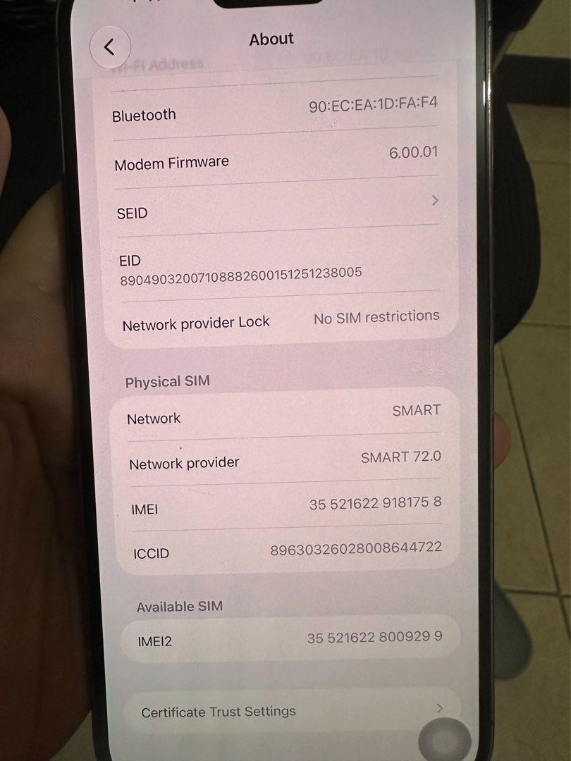 iPhone 14 Pro Max 256GB Deep Purple (Category: iPhone 14 Series) located in Makati City. Submitted by chaaaaa98 (Listing ID 1470332460, Image 3). Description: Deep Purple, 256GB Battery Health: 75% Openline Working FaceID/True Tone Inclusion: Box, Original Cable Camera is protected with Spigen lens protector (worth 1k+) Issue: May small hairline scratch sa screen (see photos).