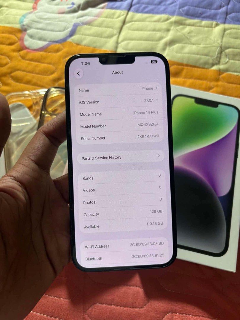 Iphone 14plus 128gb midnight (Category: iPhone 14 Series) located in Quezon City. Submitted by peterrj19 (Listing ID 1470331048, Image 3). Description: For sale: lady owned ( 1st OWNER ) ( well cared unit ) WALANG SAKIT SA ULO! PWEDE SA MAARTE!! GAGAMITIN MO NALANG. Iphone 14plus 128gb ( factory unlocked ) local variant. 100% excelent condition ( pinag sscroll lang sa tiktok yung phone ) 100% ( smooth ) walang gasgas kahit isa pag meron libre na 