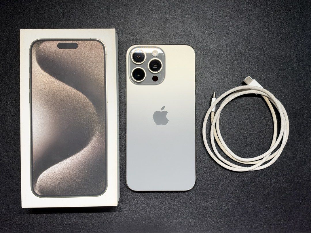 iPhone 15 Pro Max (256gb, Natural Titanium) (Category: iPhone 15 Series) located in Mandaluyong City. Submitted by primecollections.ph (Listing ID 1470211209, Image 1). Description: Personally used iPhone 15 Pro Max. 256gb, Natural Titanium Factory unlocked. With tempered glass since bought. Never opened nor repaired. Bought from Power Mac. With 3 free original Rhinoshield cases. Inclusions: box, cord, cases Battery Health: 81% (820 Cycle Count) 