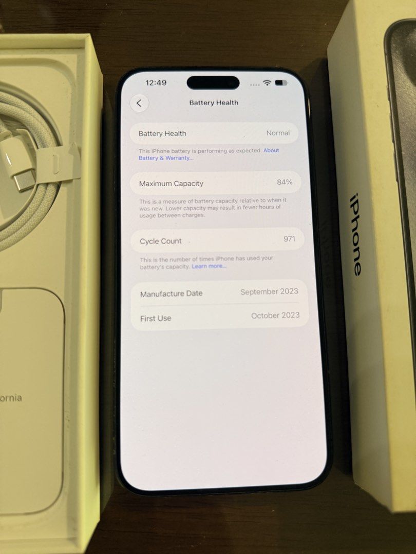 iPhone 15 Pro Max Blue Titanium 512GB (Category: iPhone 15 Series) located in Quezon City. Submitted by ysabellacanoy (Listing ID 1470224533, Image 3). Description: Battery Health 84% Purchased in Apple Store Japan Meet up in Blue Ridge B QC or The Grove Pasig .