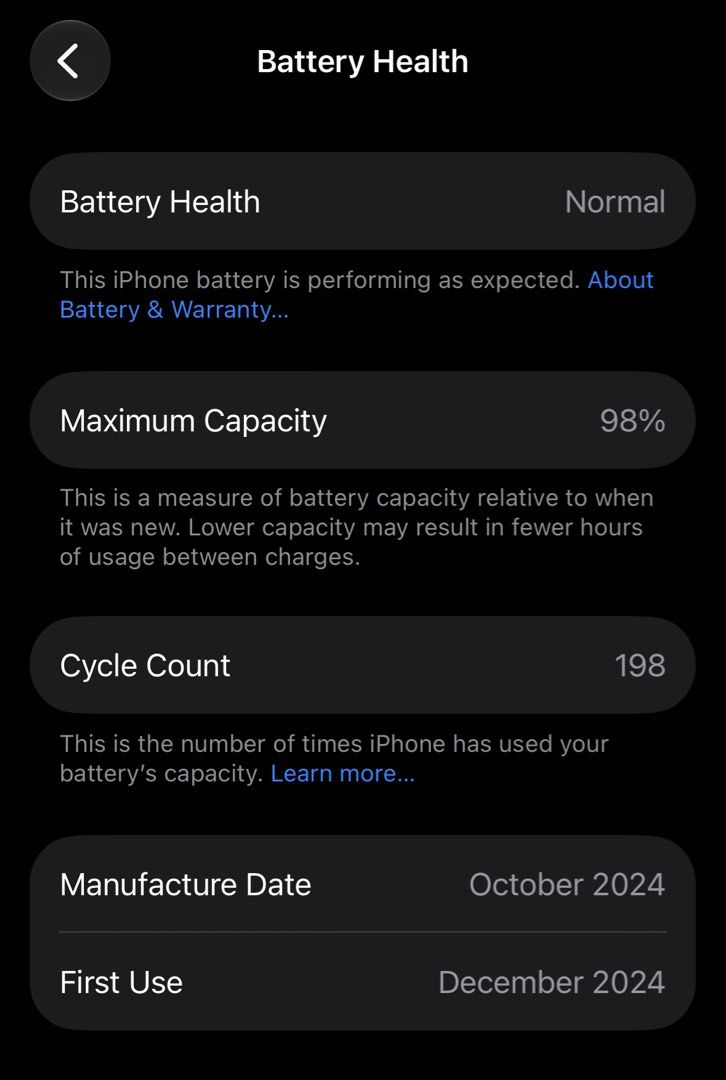 iPhone 16 98 BATTERY HEALTH (Category: iPhone 16 Series) located in Makati City. Submitted by rikairi (Listing ID 1470151544, Image 3). Description: iPhone 16 128GB Ultramarine Purchased from Powermac Used as a Backup Phone 98% Battery Health 🔋 198 Cycle Count 10/10 Pristine Condition No Scratches/Dents No Issues/Repairs Inclusions: Unit, Box, Case Location: Makati Can do Meet-ups along LRT/ MRT Stations .