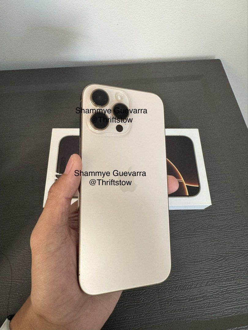 iPhone 16 Pro Max 512GB – Desert Titanium / Gold (Category: iPhone 16 Series) located in Baliuag. Submitted by thrift_stow (Listing ID 1470235251, Image 2). Description: Selling my iPhone 16 Pro Max 512GB in Gold/Desert Titanium. ✨ Details: * Model: iPhone 16 Pro Max * Storage: 512GB * Color: Desert Titanium (Gold) * Battery Health: 90% (CC: 746) * Warranty: Sep. 25, 2025 * Inclusions: [Phone, box, cable, cases] 💰 Selling Price: ₱47,990 📍 Locat
