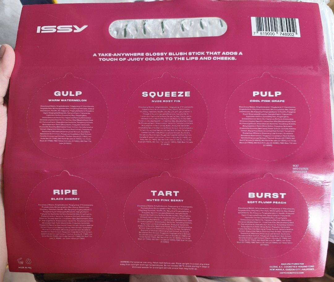 ISSY Creme Juice Stick Set (Category: Makeup) located in Manila. Submitted by thriftedfrommoken (Listing ID 1470192979, Image 2). Description: Complete set of 6 ISSY Crème Juice Sticks Shades: Gulp, Squeeze, Pulp, Ripe, Tart, and Burst - Versatile glossy blush for lips and cheeks - Gives a fresh, dewy finish - Brand new, unopened, and sealed in original packaging tray.