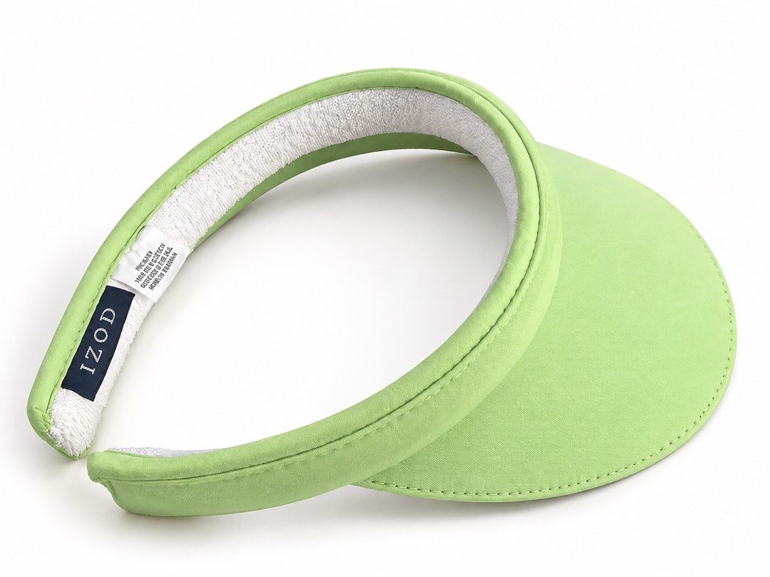 IZOD Golf Sun Visor Terry Cloth Sweatband (Bundle) (Category: Golf) located in Quezon City. Submitted by ShopNShip (Listing ID 1470294138, Image 2). Description: - Brand: IZOD - Colors available: Light green, Navy blue - Design: White embroidered golfer logo on curved brim - Comfort: Built-in terry cloth sweatband for hot days - Fit: Adjustable Velcro strap closure in the back - Condition: Clean fabric construction, ready to wear.