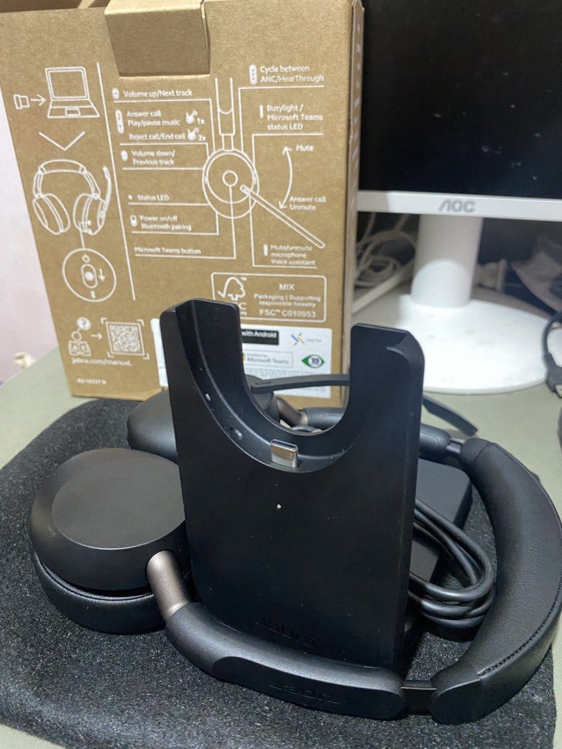 Jabra Evolve3 65 Wireless Headset with Charging Stand (Category: Headphones & Headsets) located in Manila. Submitted by wavesandsunset (Listing ID 1470253439, Image 3). Description: - Model: Jabra Evolve3 65 - Color: Classic Black - Condition: Brand new (box opened only to check contents, never used) - Connectivity: Wireless Bluetooth - Key Features: Active Noise Cancellation (ANC), Microsoft Teams Certified, boom mic - In the Box: Headset, charg
