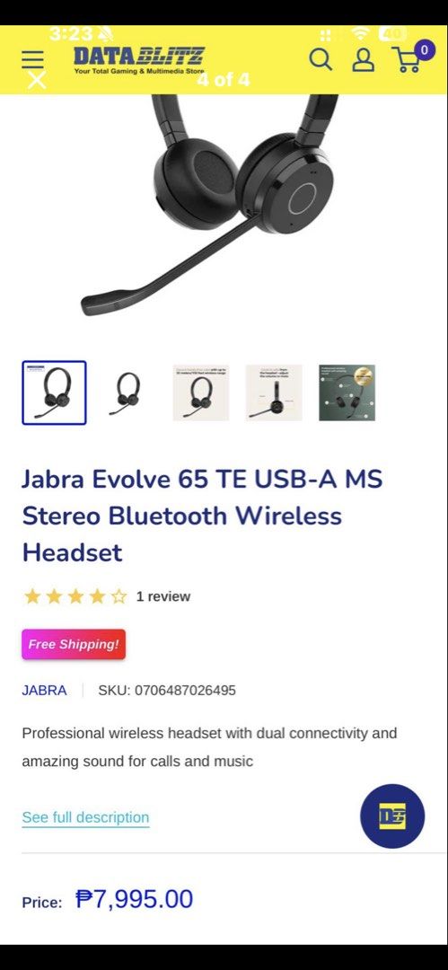 Jabra Evolve 65 TE (Category: Headphones & Headsets) located in Manila. Submitted by spanishlatte_15 (Listing ID 1470220570, Image 2). Description: * 🎧 Type: On-ear wireless Bluetooth headset * 📶 Bluetooth Version: 5.2 (Evolve 65 TE), up to 30 meters / 100 ft range * 🔗 Connectivity: Bluetooth + USB dongle (Jabra Link 390/380 depending on version) * 🔋 Talk Time: Up to 16 hours (TE version) * 🎵 Music Time: Up to 24 hours * ⏳ Standby Time: Up t