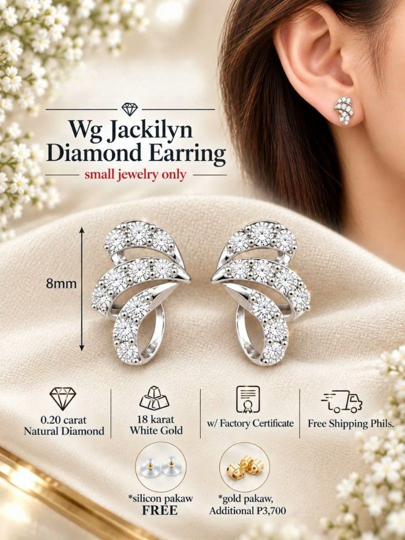 Jackilyn Diamond Earring 18 Karat Yellow Gold (Category: Earrings) located in Quezon City. Submitted by Diaholics_Jewelry (Listing ID 1470196382, Image 2). Description: - Authentic Jackilyn diamond earrings crafted in genuine 18k yellow gold - Features a sparkling 0.20 carat natural diamond in an 8mm size - Includes a factory certificate of authenticity - Comes with free silicon pakaw (gold pakaw upgrade available for an extra charge) - Delicate,