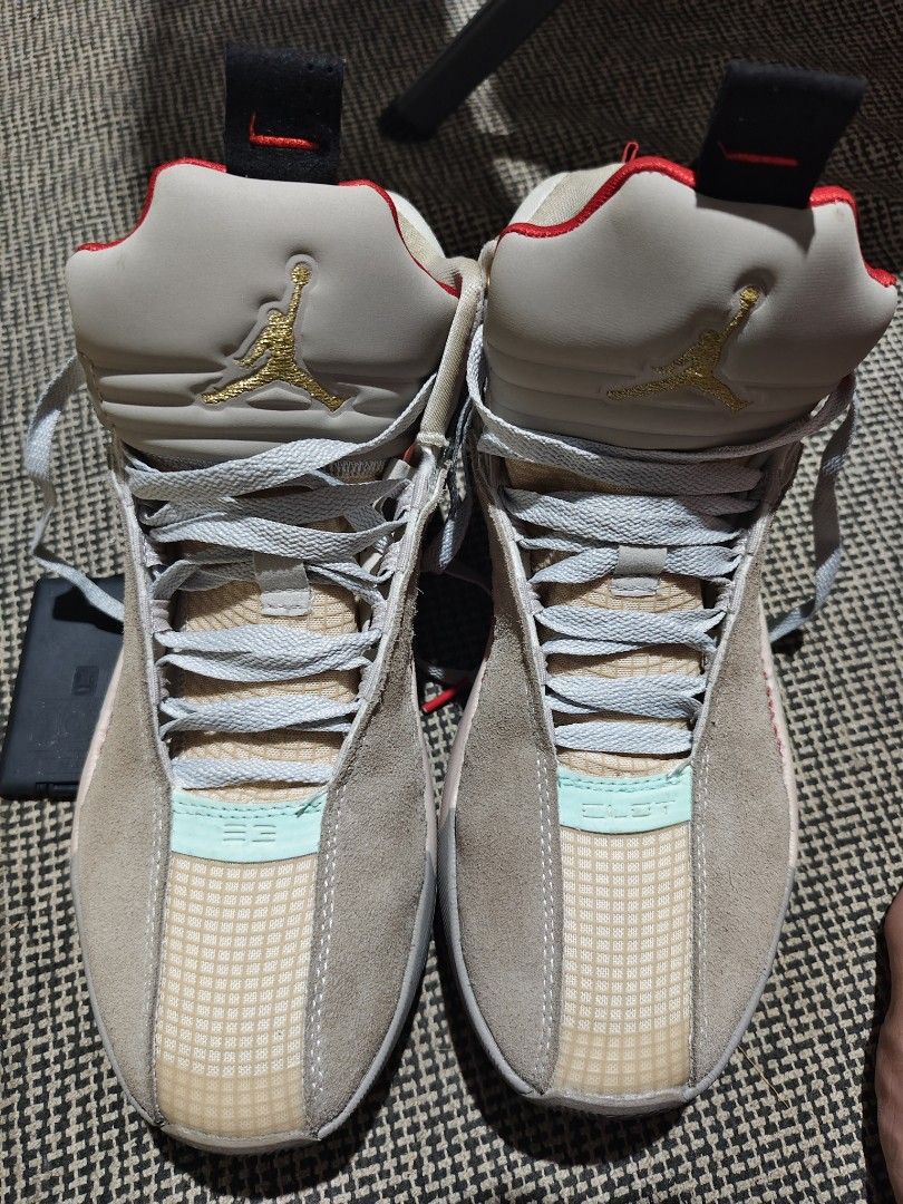 Jordan XXXV CLOT size 10US (Category: Sneakers) located in Taguig. Submitted by korilakkumachan (Listing ID 1470327110, Image 1). Description: - Model: Jordan XXXV - Colorway: Tan and red with green marble-patterned midfoot shank plate and gold embroidered Jumpman logo on the tongue - Materials: Textured mesh upper panels with suede overlays and grey laces - Size: US 10 - Condition: Clean overall shape, original tags intact inside, with light wea