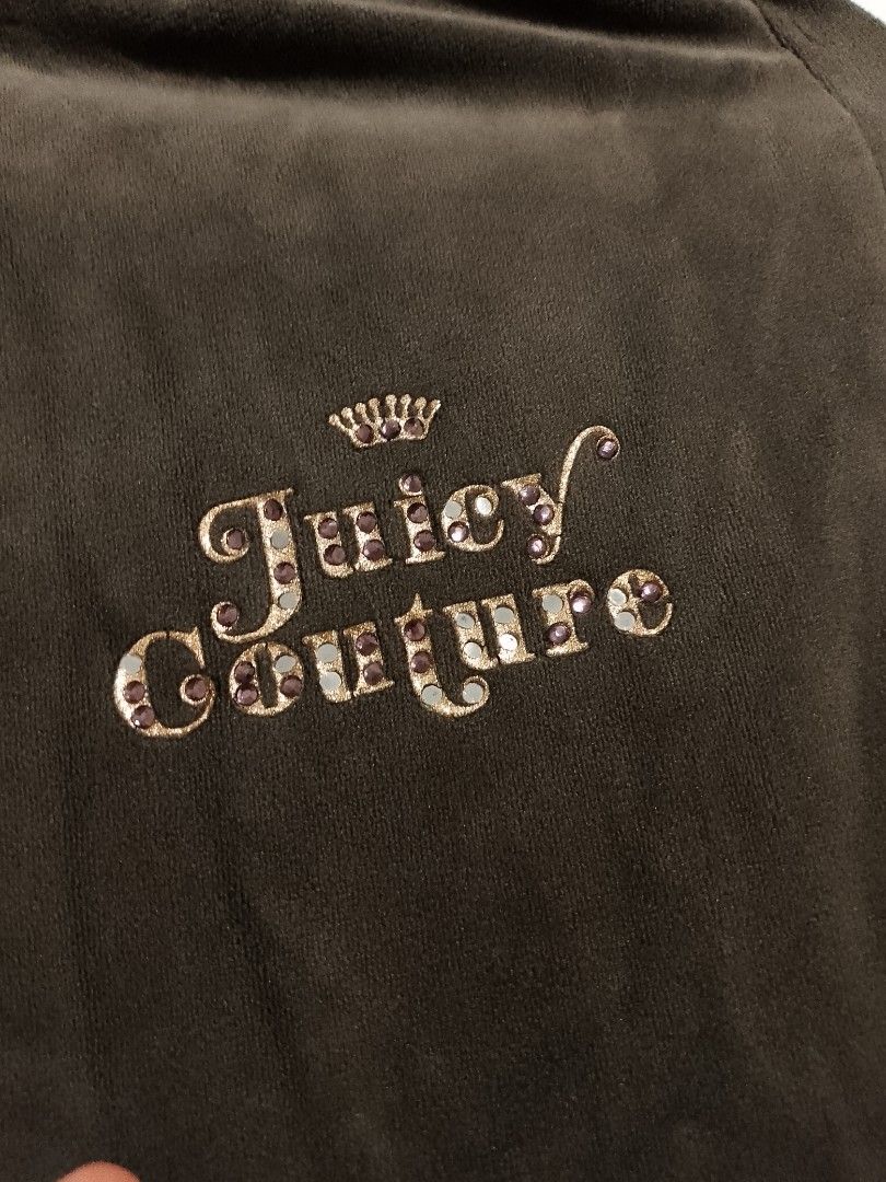 Juicy Couture Velour Track Pants Dark Grey Size S (Category: Other Bottoms) located in Antipolo. Submitted by y2k_outfitters. (Listing ID 1470292021, Image 3). Description: - Brand: Juicy Couture - Item: Velour Track Pants - Color: Dark Grey - Size: Small - Details: Adjustable drawstring waist, rhinestone logo on left hip, two buttoned flap pockets on the back - Material: Soft and comfortable velour - Condition: Great for casual wear, lounging, o