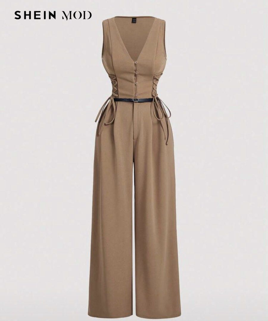 Khaki Jumpsuit Vest with Tie (Category: Jumpsuits) located in Makati City. Submitted by regalbbb (Listing ID 1470214996, Image 2). Description: Original Price: Around 750 RFS: Decluttering Condition: Used a few times but no flaws. Shein sizes run big so xs is really more small. - Brand/Style: SHEIN MOD Camel Wide-Leg Jumpsuit - Design: Elegant V-neckline with functional front buttons and sleeveless cut - Details: Trendy lace-up ties on both sides