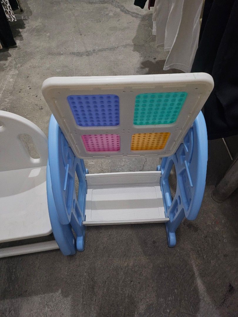Kids multi-functional building block table and chair set (Category: Kids Tables & Chairs) located in Bulacan. Submitted by j_ferrer (Listing ID 1470342243, Image 2). Description: - 2-in-1 reversible top: flip from a building block grid to a flat surface for drawing and crafts - Includes a matching chair, perfect for toddlers and young kids - Colorful design with a sturdy blue frame and pink, blue, yellow, and green accents - Made from smooth, hig