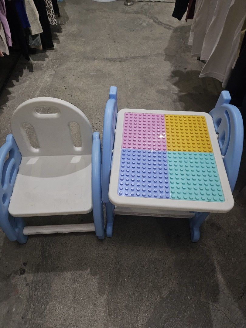 Kids multi-functional building block table and chair set (Category: Kids Tables & Chairs) located in Bulacan. Submitted by j_ferrer (Listing ID 1470342243, Image 1). Description: - 2-in-1 reversible top: flip from a building block grid to a flat surface for drawing and crafts - Includes a matching chair, perfect for toddlers and young kids - Colorful design with a sturdy blue frame and pink, blue, yellow, and green accents - Made from smooth, hig