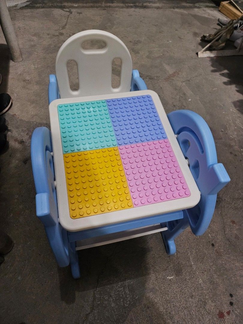 Kids multi-functional building block table and chair set (Category: Kids Tables & Chairs) located in Bulacan. Submitted by j_ferrer (Listing ID 1470342243, Image 3). Description: - 2-in-1 reversible top: flip from a building block grid to a flat surface for drawing and crafts - Includes a matching chair, perfect for toddlers and young kids - Colorful design with a sturdy blue frame and pink, blue, yellow, and green accents - Made from smooth, hig