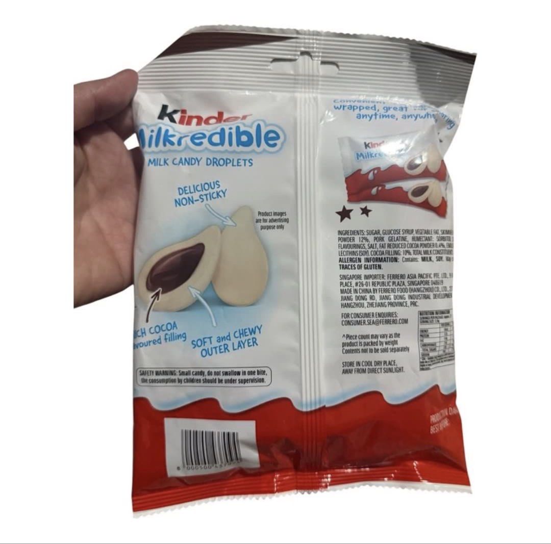 Kinder Milkcredible Cocoa droplets (Category: Other Food & Drinks) located in Lipa City. Submitted by lifestyled (Listing ID 1470219197, Image 2). Description: Bag of Kinder Milkredible Milk Candy Droplets in the Cocoa Flavor variety. Expiry 4/2027 💯 Authentic.