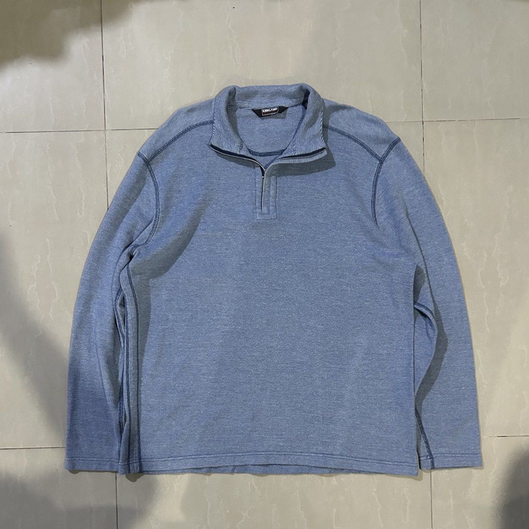Kirkland Signature Blue Quarter Zip Pullover Sweater (Category: Coats, Jackets and Outerwear) located in San Fernando. Submitted by thrift_lang_ni_kim (Listing ID 1470335412, Image 1). Description: ⬇️ DETAILS ⬇️ Kirkland Signature Blue Quarter Zip Pullover Sweater DIMENSIONS (INCHES) Width:22 Length:27 Best fit: L to XL Color rate:9/10 Condition/Issue:Good condi Mine: ₱350 Minimum increment: ₱50 Already washed and ready to wear. 📌 Please check a