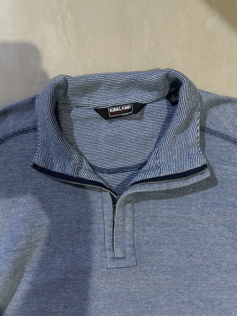Kirkland Signature Blue Quarter Zip Pullover Sweater (Category: Coats, Jackets and Outerwear) located in San Fernando. Submitted by thrift_lang_ni_kim (Listing ID 1470335412, Image 2). Description: ⬇️ DETAILS ⬇️ Kirkland Signature Blue Quarter Zip Pullover Sweater DIMENSIONS (INCHES) Width:22 Length:27 Best fit: L to XL Color rate:9/10 Condition/Issue:Good condi Mine: ₱350 Minimum increment: ₱50 Already washed and ready to wear. 📌 Please check a