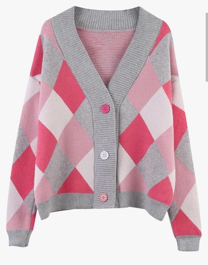 Knit Cardigan V-Neck US wool cashmere (Category: Coats, Jackets and Outerwear) located in Quezon City. Submitted by cathyignaciogo09 (Listing ID 1470326178, Image 1). Description: - Style: Preppy, oversized cardigan with a relaxed fit - Pattern: Pink, light pink, and grey argyle - Details: Deep V-neckline, thick grey ribbed trim, and drop shoulders - Closure: 3-button front in alternating pink and white - Material: Soft knit, great for layering o