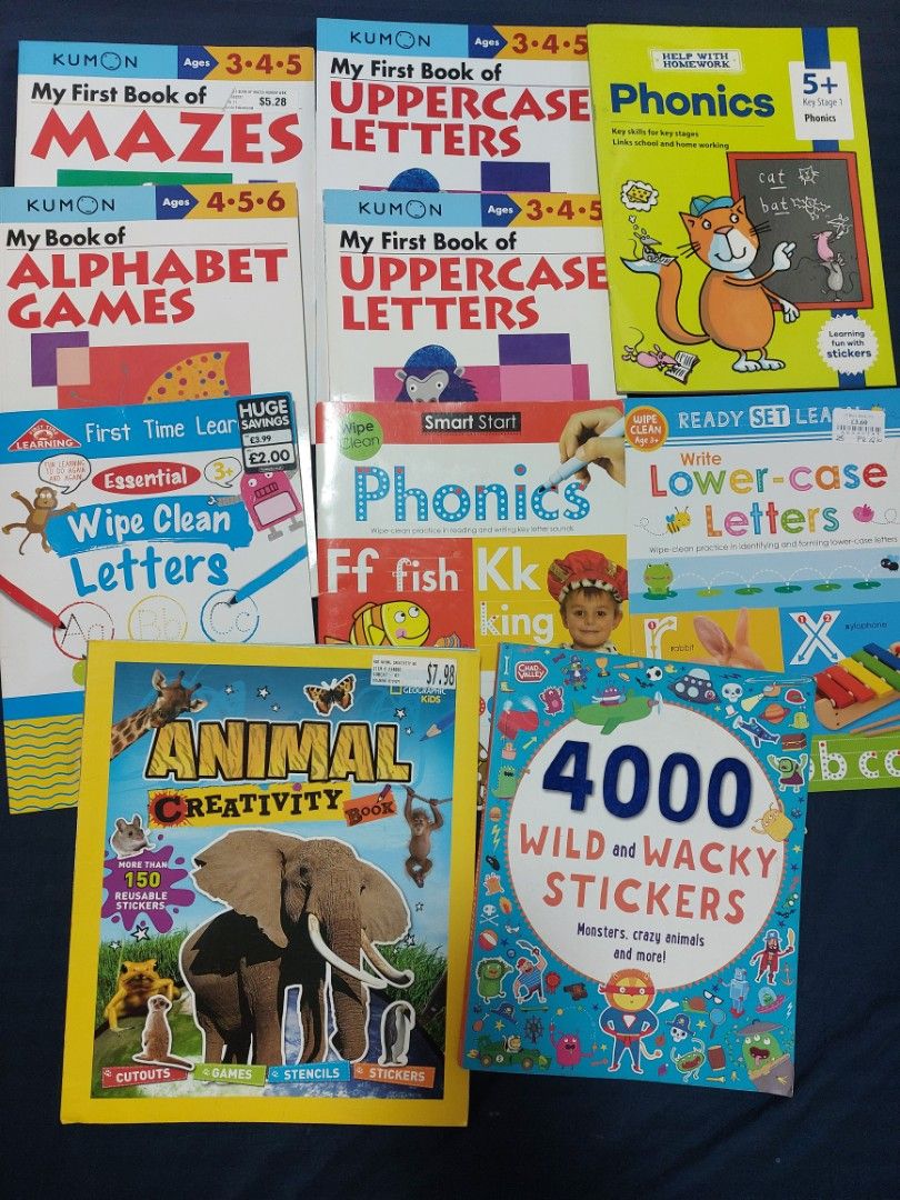 Kumon workbooks, phonics books, and sticker books bundle (Category: Children's Books) located in Cavite. Submitted by itscaja (Listing ID 1470167452, Image 1). Description: - Kids learning and activity book preloved/unused bundle - Includes Kumon Uppercase Letters, Mazes, Alphabet, and Phonics books - Includes 4000 Wild and Wacky Stickers book- 2 pages have answers - Includes Animal Creativity Book - Great for writing practice and fun activities 