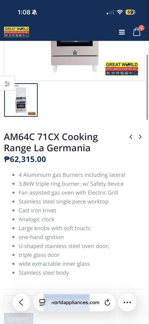 La Germania AM64C 71CX Cooking Range [Steal!] (Category: Ovens & Toasters) located in Pasig City. Submitted by luxurypreloved12 (Listing ID 1470189909, Image 2). Description: Brand New! Box was just chewed up by our pet cats but inside intact never used. Won in Golf raffle. Pick up in Marikina LGV Subdivision! • SRP: 62k+ selling only for 51k • 4 Aluminium gas Burners including lateral • 3,8kW triple ring burner; w/ Safety device • Fan assisted g