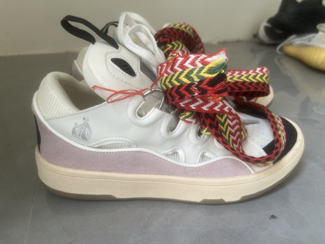 Lanvin Curb Sneakers White Pink Size 36 (Category: Sneakers) located in Bulacan. Submitted by jhemieee (Listing ID 1470189182, Image 1). Description: - Brand: Lanvin Curb Sneakers - Colorway: White, pink, with red, yellow, and green zig-zag woven laces - Size: 36 EU - Material: Premium white leather and suede panels - Condition: Very clean tread with minimal wear - Features: Iconic chunky silhouette, padded tongue, and heel pull tab - Origin: Mad