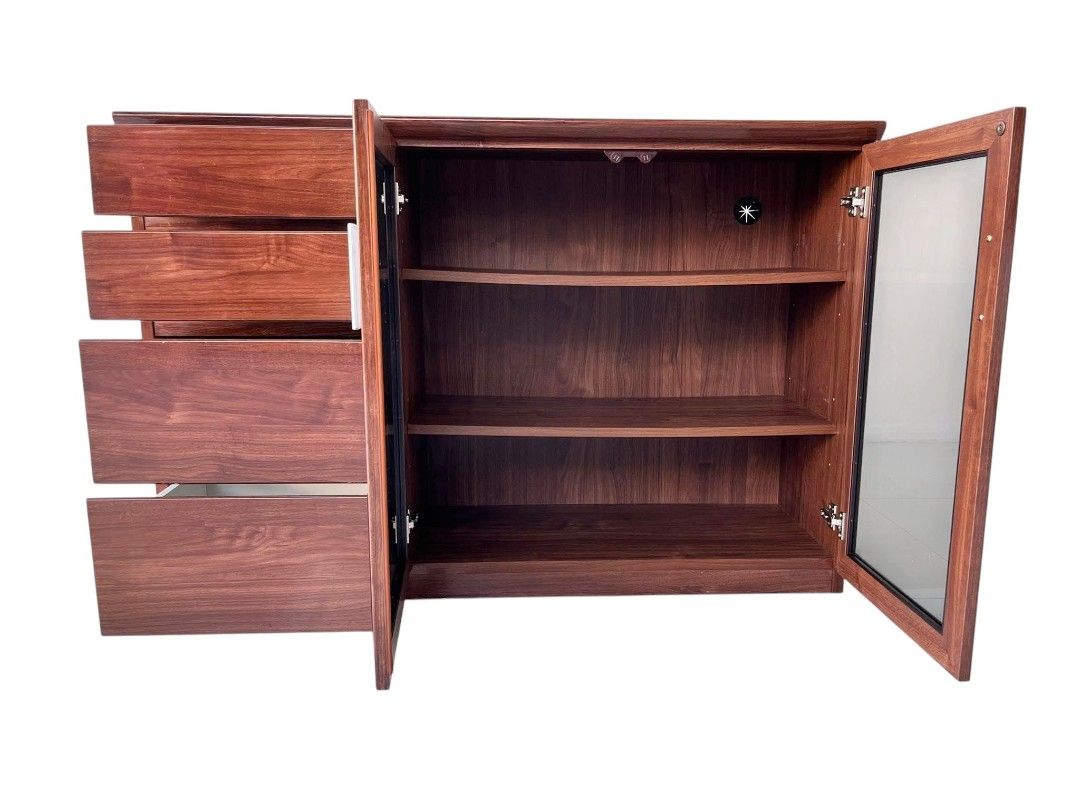 LATERAL DRAWER CABINET (Category: Shelves, Cabinets & Racks) located in Mexico. Submitted by mgracejapansurplus (Listing ID 1470276661, Image 3). Description: NEW ARRIVAL 🔥 JAPAN LUXURY (Surplus) LATERAL DRAWER CABINET - Solid Wood Lateral Drawer Cabinet - Rich polished wood finish, smooth glossy top - 4 spacious drawers on the left + 2 glass-door cabinets on the right - Sleek silver handles, clean modern design - Dimensions: L47" × W15" × H32" 