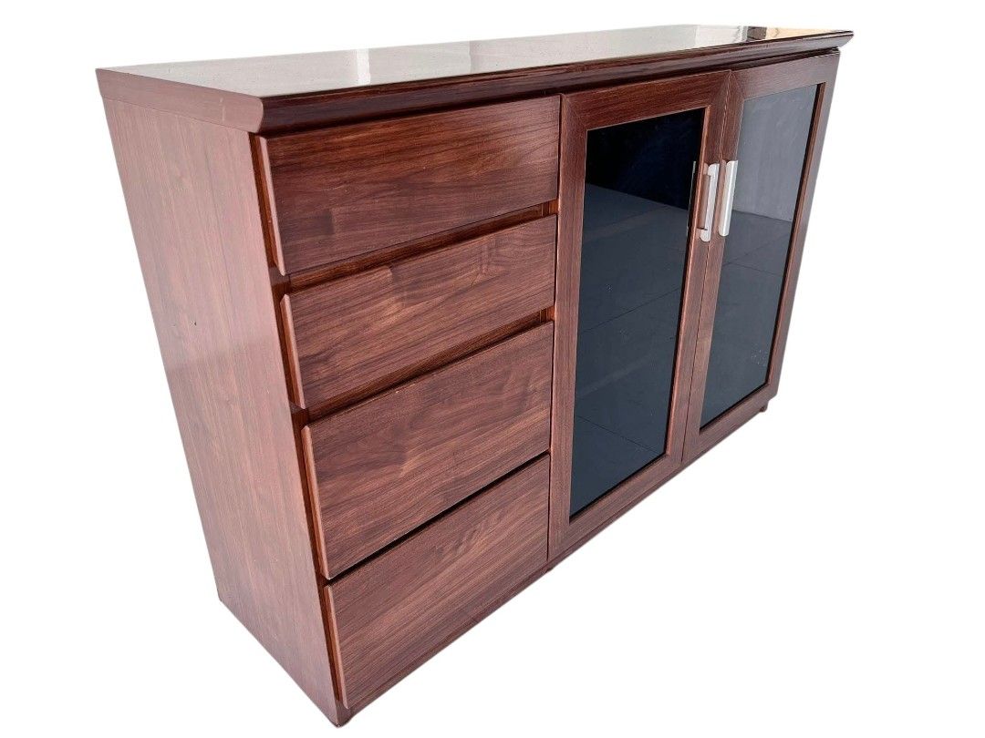 LATERAL DRAWER CABINET (Category: Shelves, Cabinets & Racks) located in Mexico. Submitted by mgracejapansurplus (Listing ID 1470276661, Image 1). Description: NEW ARRIVAL 🔥 JAPAN LUXURY (Surplus) LATERAL DRAWER CABINET - Solid Wood Lateral Drawer Cabinet - Rich polished wood finish, smooth glossy top - 4 spacious drawers on the left + 2 glass-door cabinets on the right - Sleek silver handles, clean modern design - Dimensions: L47" × W15" × H32" 