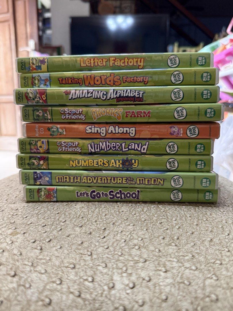 LeapFrog Educational DVD Collection Set (Category: CDs & DVDs) located in Mandaue City. Submitted by erin_grace (Listing ID 1470166309, Image 1). Description: LeapFrog learning DVD bundle. Includes Letter Factory, Talking Words Factory, Phonics Farm, Sing Along, Number Land, Numbers Ahoy, Math Adventure to the Moon, and Let's Go to School. Great for early reading, phonics, and math skills. Total of multiple educational discs. Cases and covers inc