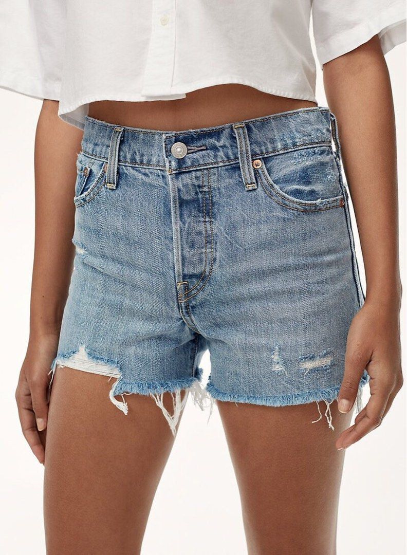 Levi's Wedgie Short Distressed Denim (Category: Shorts) located in Santa Rosa. Submitted by jamrose (Listing ID 1470231049, Image 2). Description: - Brand: Levi's Wedgie Short - Size: 24 - Wash: Light denim wash - Fit: High-rise, super flattering - Closure: Button fly.
