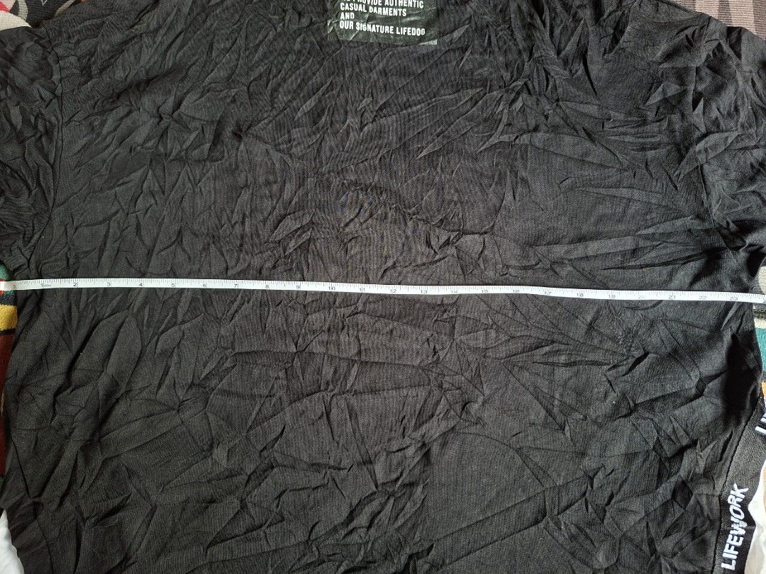LifeWork Black Layered T-Shirt (Category: Shirts) located in San Francisco. Submitted by manu2025 (Listing ID 1470142370, Image 3). Description: - Color: Black with layered white hem - Fit: Free size, oversized fit - Details: Branded ribbon ties on both sides, French bulldog logo patch on chest, text print on back neckline - Mode of Payment: GCash, Bank Transfer - Shipping: Fast shipping via J&T or Flash Express.