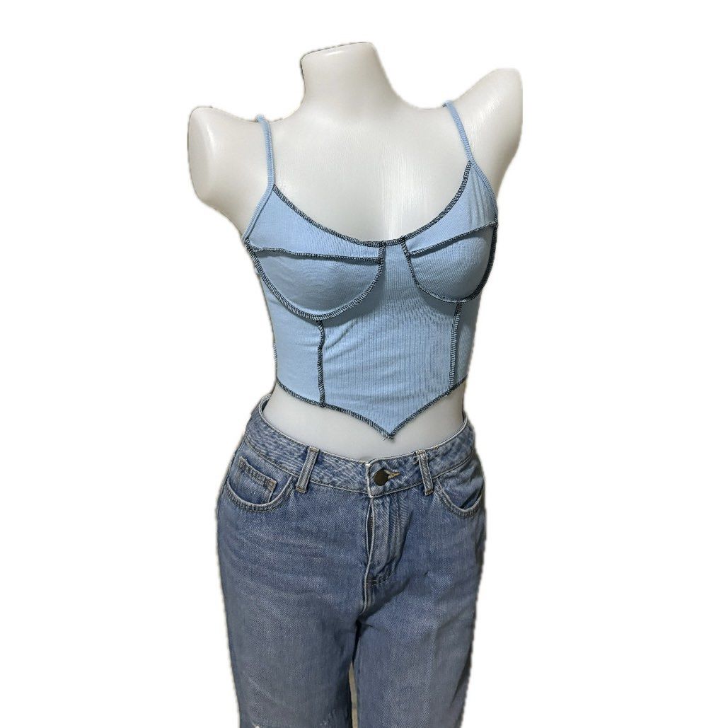 Light blue denim look corset top (Category: Sleeveless) located in Quezon City. Submitted by hpgrl (Listing ID 1470263160, Image 1). Description: fits xs-small .