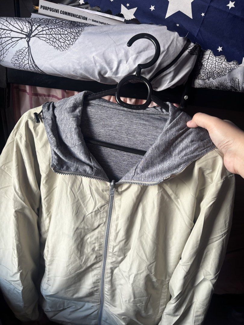 light green and Grey Zip Up Hooded Jacket (Category: Coats, Jackets and Outerwear) located in Manila. Submitted by leetrisha_lion (Listing ID 1470330321, Image 3). Description: - Color: light green with grey hooded lining - Closure: Full front zipper - Features: Adjustable drawstring hood, ribbed cuffs and hem ( Reversible ) - Material: Lightweight, ideal for layering - Condition: Clean and ready to wear .