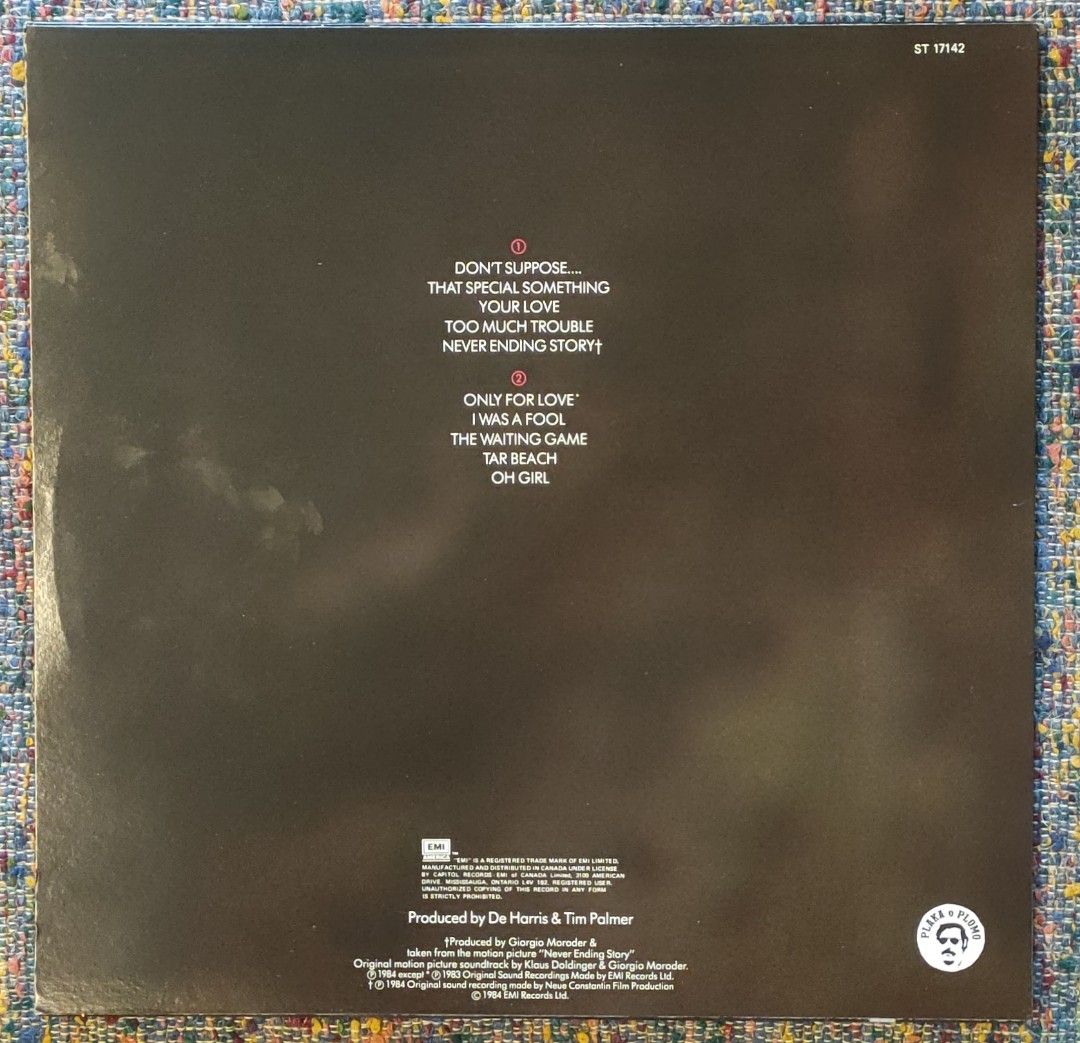 Limahl - Don't Suppose LP Vinyl Record (Category: Vinyls) located in Quezon City. Submitted by plaka.o.plomo (Listing ID 1470221155, Image 2). Description: Artist(s) : Limahl Album : Don't Suppose Year : 1984 Media : VG+ Color : Black Sleeve : VG+ No. : 1x Vinyl Size : 12" RPM : 33 Country : Canada Catalog No. : ST 17142 Tracklist : - Side 1 1. Don't Suppose 4:16 2. That Special Something 4:14 3. Your Love 4:26 4. Too Much Trouble 3:56 5. Never E