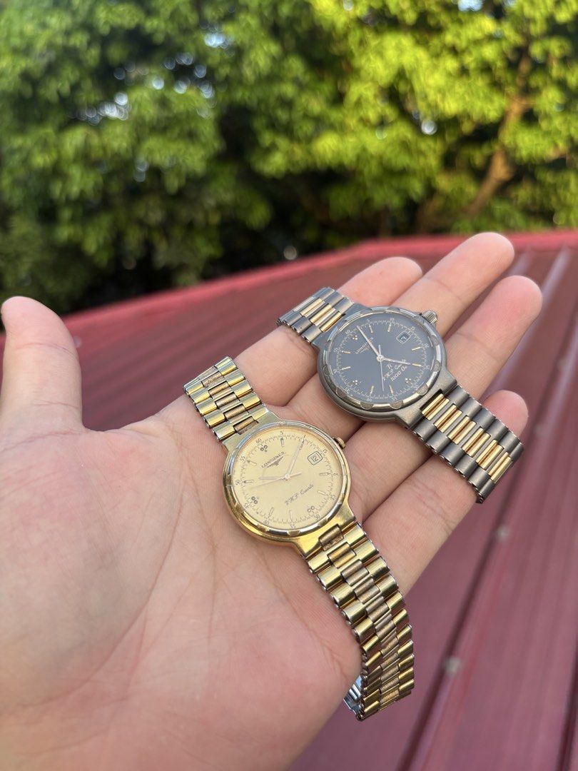 Longines Conquest Two set Gold and titanium VHP model (Category: Luxury Watches) located in Manila. Submitted by maxxxxxxxxxxxx (Listing ID 1470292088, Image 3). Description: For sale Authentic Longines Conquest Gold tone running with patina and replaced crown but running good Titanium model very rare running With issue minute setter not working need repair but works Small wrist size as well Good for repair and resell Selling cheap.